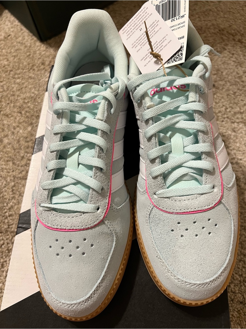Adidas Women's Breaknet Sleek J Mint Suede Sneakers with Pink Accents